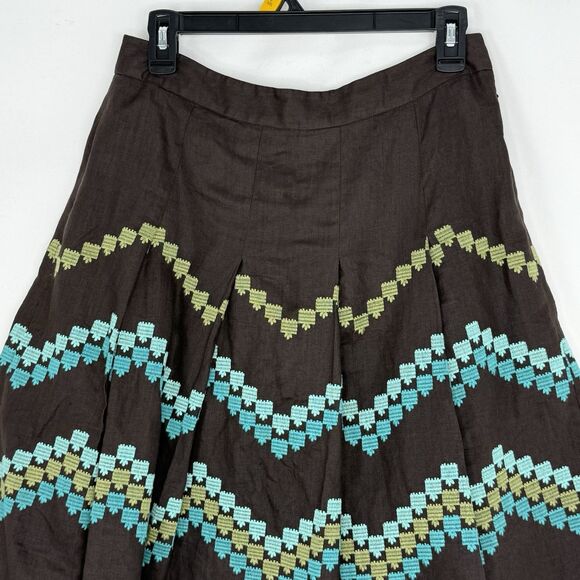 Ann Taylor LOFT Brown Pleat Skirt Embroidered Chevron Pattern 2P Linen - Picture 7 of 16